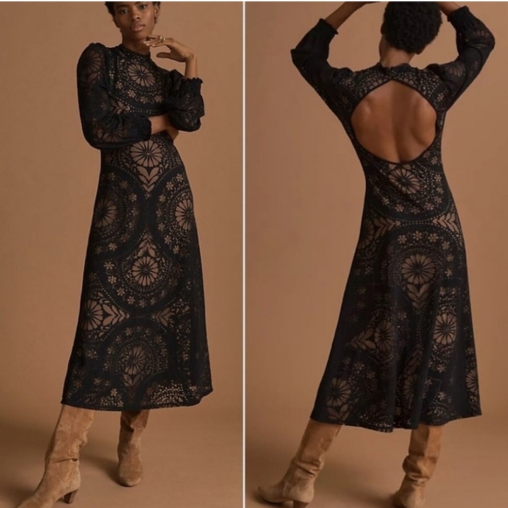 Farm Rio Black Floral Open Back Midi Dress Size Small - New without Tags